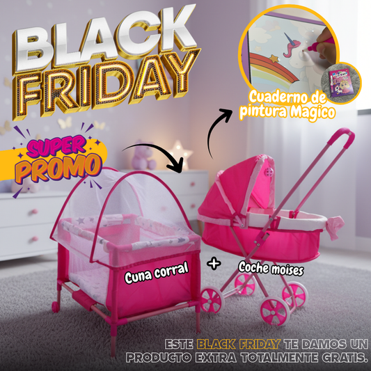 Cochesito, cuna y bebé. Lleva gratis cuaderno de pintura mágico.
